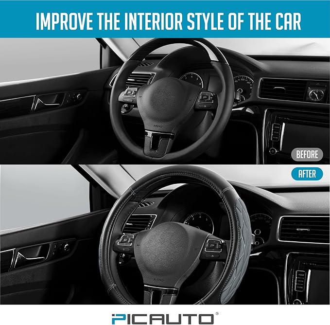 PIC AUTO Steering Wheel Cover, Gray Thick Rhombic Foam and Premium Leather, Universal 14.5-15.5 Inch Breathable Anti-Slip Steering Wheels Accessories for Men & Women