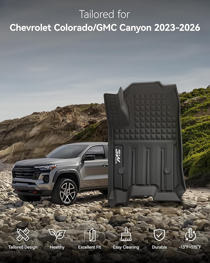 3W Floor Mats for Chevrolet Chevy Colorado/GMC Canyon Crew Cab 2023-2025 2026, All Weather TPE Custom Fit Floor Mats for Cars, 1st and 2nd Row Car Floor Mats, Black