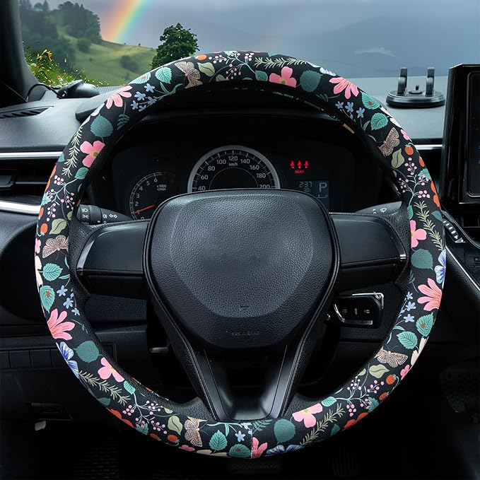 Flowers and Strawberries Steering Wheel Cover Auto Steering Wheel Protector, Anti-Slip, Breathable, Absorbing Sweat, Universal Car Accessories 14.5–15 inch,Fit for Most Car, Trucks, SUV