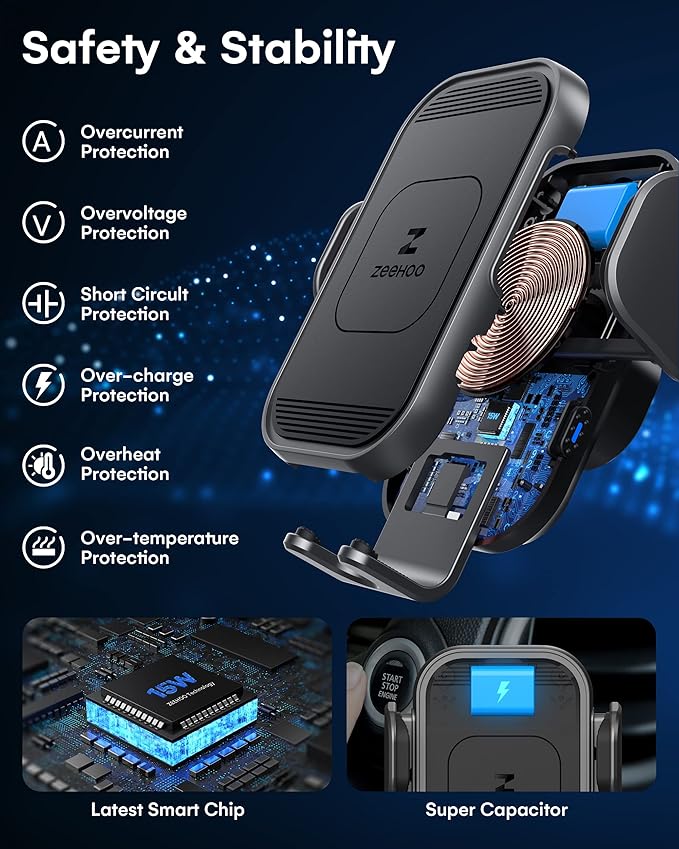 ZeeHoo Wireless Car Charger, 15w Fast Charging, Auto Clamping Car Phone Mount, Cell Phone Holder Charger, for iPhone 17 16 15 14 13 12 11 Pro Max Xs, Samsung Galaxy S23+ S22, Etc.(Grey)