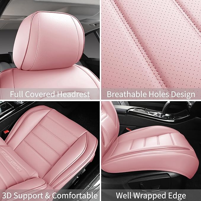 Pink Car Seat Covers Full Set, Universal Faux Leather Seat Covers for Cars 5 Seats, Waterproof Leather Car Seat Covers, Comfortable Automotive Seat Covers for Most Sedans Trucks SUVs