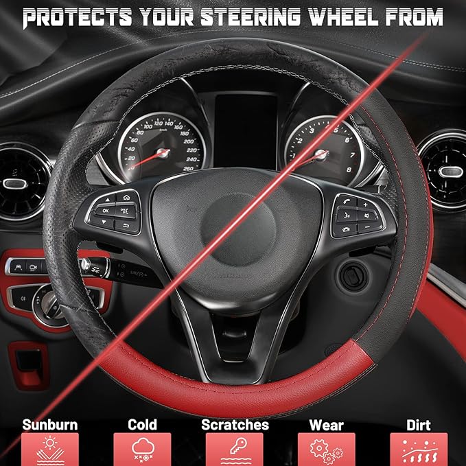 SEG Direct Car Steering Wheel Cover Universal Standard Size 14.5-15 inch, Black and Red Microfiber Leather