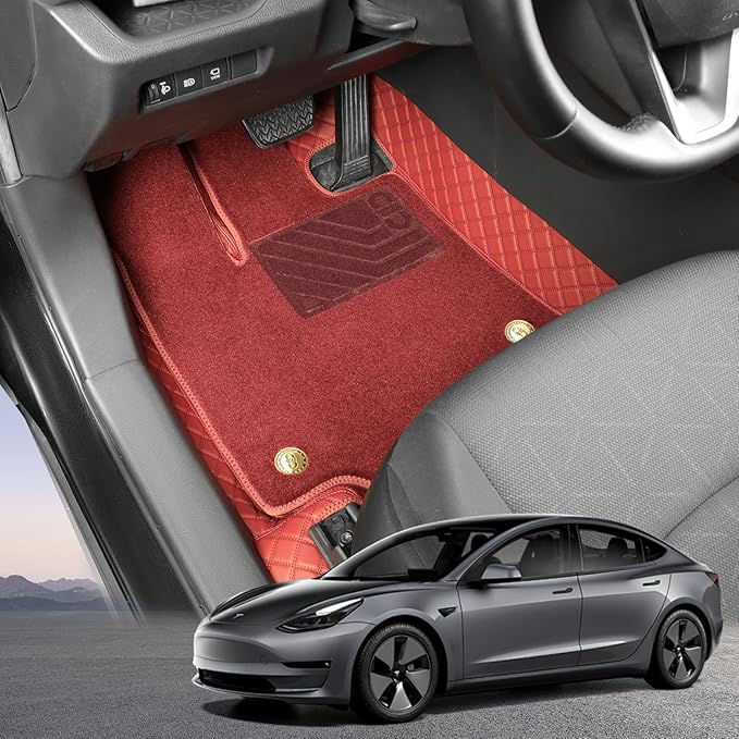 EKR Custom Floor Mats for Tesla Model 3 2017-2023, Front & 2nd Row Luxury Double Layer Car Floor Mat Liner Fit Model 3 2017 2018 2019 2020 2021 2022 2023 - Leatherette Plus Carpet (Burgundy)