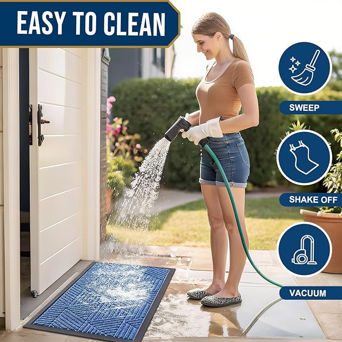 Smiry Front Door Mat Outside Entrance, Heavy Duty Sturdy Natural Rubber Doormat, Trap Dirt and Moisture, Easy Clean Low Profile Mats for Indoor Outdoor Entry, Irregular Triangle (36x24, Blue)