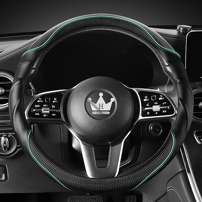 3D Car Steering Wheel Cover Comfort Grip Massage Sporty Anti-Slip Carbon Fiber Faux Leather for F150, Trucks, Jeep, Van, Car Handle Covers for All Seasons, 15.2-16in, Green