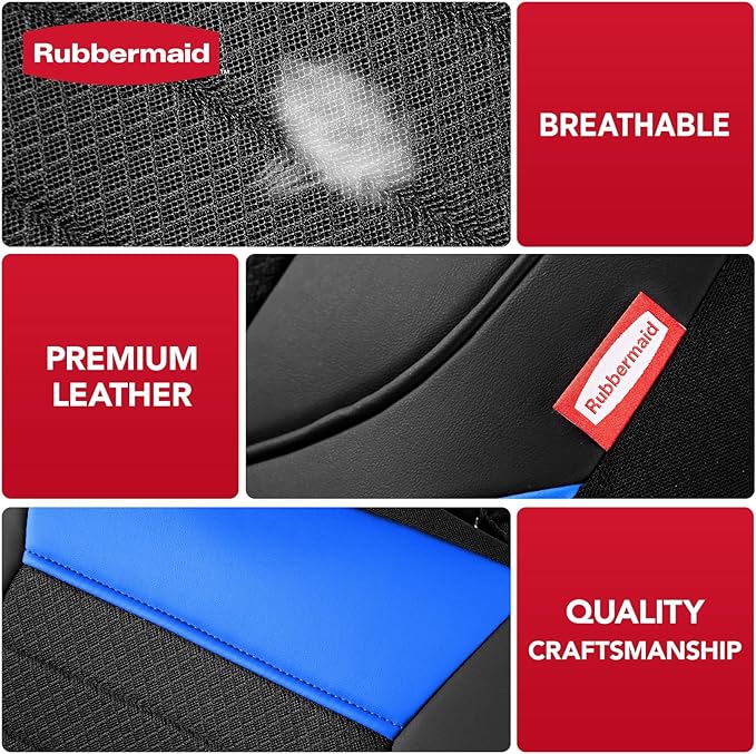 Rubbermaid Car Seat Cover, Leather & Air-Cool Mesh Front Seat Cover, Airbag Compatible, Slip-On Installation, Automotive Seat Cover Universal Fit for Most Cars, Trucks, SUVs-Blue