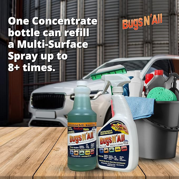 Bugs N’ All Multipurpose Car Cleaner & Degreaser - Bug & Tar Remover Concentrate 32 oz - Exterior Cleaner Safe for Car Paint, Metal, Chrome, Aluminum, Windows & Mirrors - w/Free 32 oz Spray Bottle