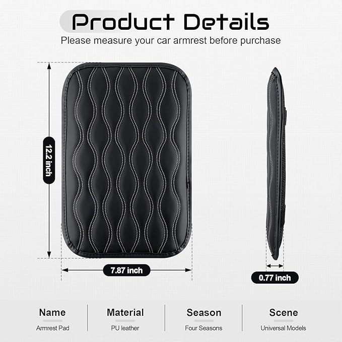 Amiss Auto Center Console Pad, Universal Waterproof Armrest Seat Box Cover, Car Interior Accessories, Leather Auto Armrest Cover Protector for Most Vehicle, SUV, Truck (White Line)