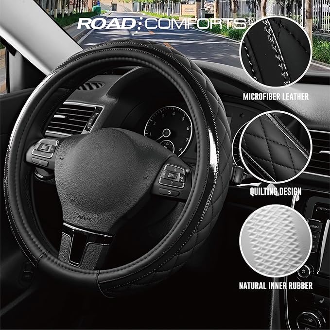 Road Comforts Leather Steering Wheel Cover – Black & Black, Universal Fit 14.5-15 Inch, Microfiber Leather, Anti-Slip & Breathable Design for Men and Women
