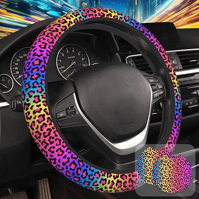 Rainbow Leopard Print Steering Wheel Cover for Women, Anti-Slip Car Steering Wheel Cover with 2 Pcs Cup Holders Neoprene Breathable Car Accessories Universal 15 Inch Auto Interior Decor