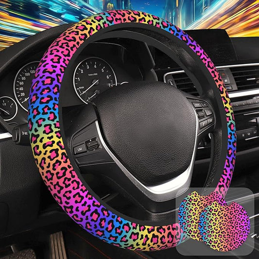 Rainbow Leopard Print Steering Wheel Cover for Women, Anti-Slip Car Steering Wheel Cover with 2 Pcs Cup Holders Neoprene Breathable Car Accessories Universal 15 Inch Auto Interior Decor