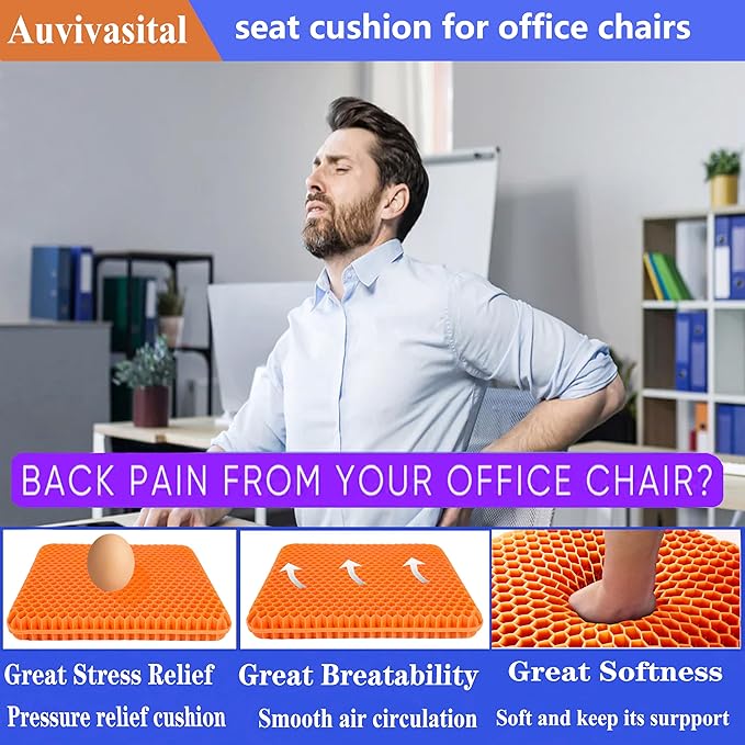 Plus Size Gel Seat Cushion, Extra Large and Thick, Seat Cushion for Pressure Relief for Back, Hip, Sciatica, Tailbone Pain, Use for The Office, Wheelchair, Car, Recliner, Truck, Trip, Stadium.(Orange)