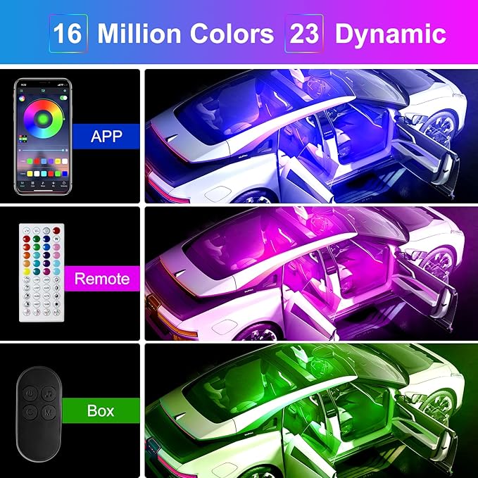 Car Interior LED Lights, APP Control with Car Charger, RGB Color Change with Music Sync & DIY Mode, 12V 2 Lines Design for Under Dash Running Board Truck