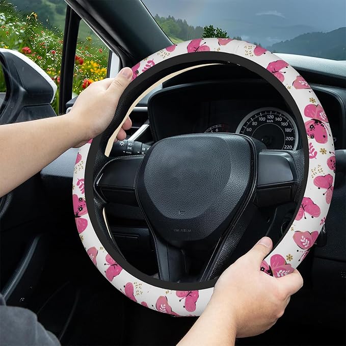 Pink Butterfly Car Steering Wheel Cover, Non-Slip Absorbing Sweat Car Wheel Cover Accessories for Men Women,Universal 15" Fit Auto SUV Vans Trucks