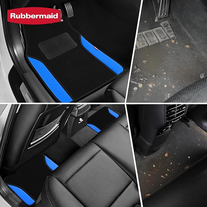 Rubbermaid Car Mats, Carpeted Floor Car Mat with Faux Leather & Built-in Heel Pad, Two-Tone Car Rug Floor Mats, Stylish Carpeted Floor Mats for Cars, Trucks & SUVs Blue Color