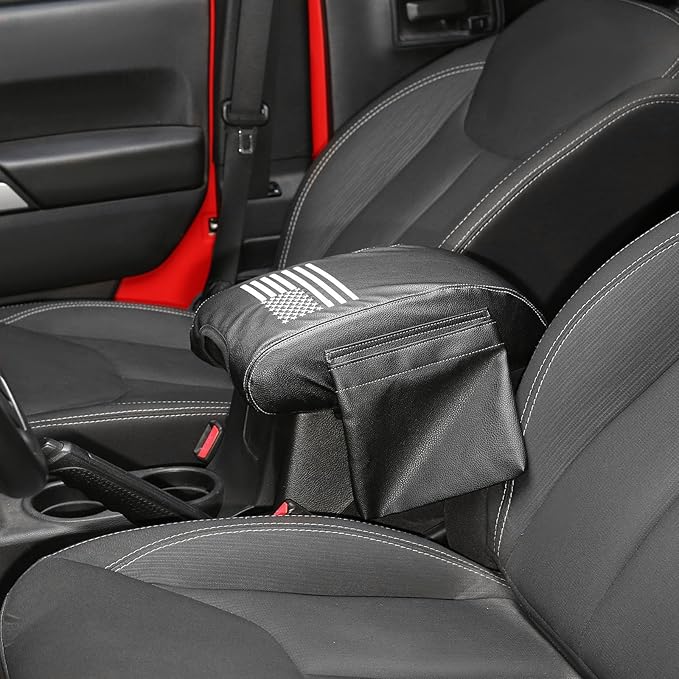 RT-TCZ for Wrangler JK Center Console Armrest Pad Cover with Storage Bag for Jeep Wrangler JK JKU 2011-2017 American Flag Black Leather