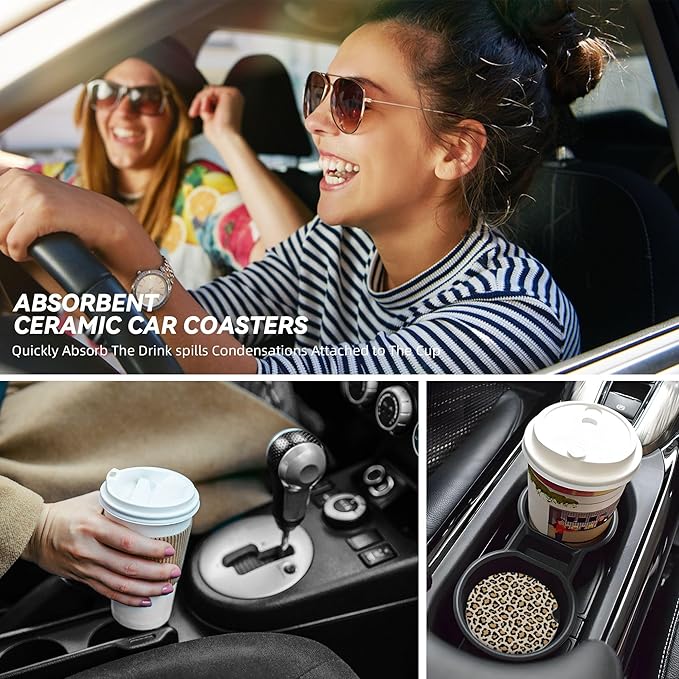 Absorbent Car Coasters for Cup Holders, 2 Pack Universal Anti Slip Ceramic Cup Coaster for Women Men 2.56 Inch Car Interior Accessories - Vintage Brown Leopard 002