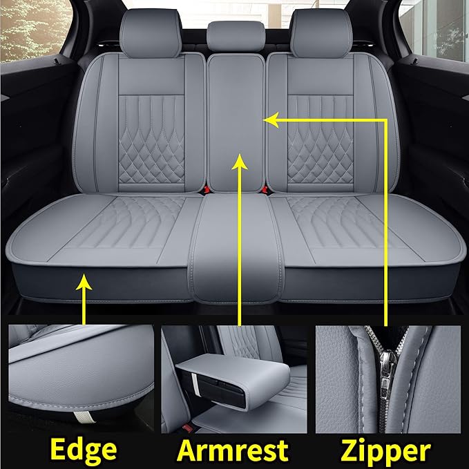 Aierxuan Car Seat Covers Full Set 5pcs with Waterproof Leather, Airbag Compatible Automotive Vehicle Cushion Cover Universal Fit for Most Cars (Grey)