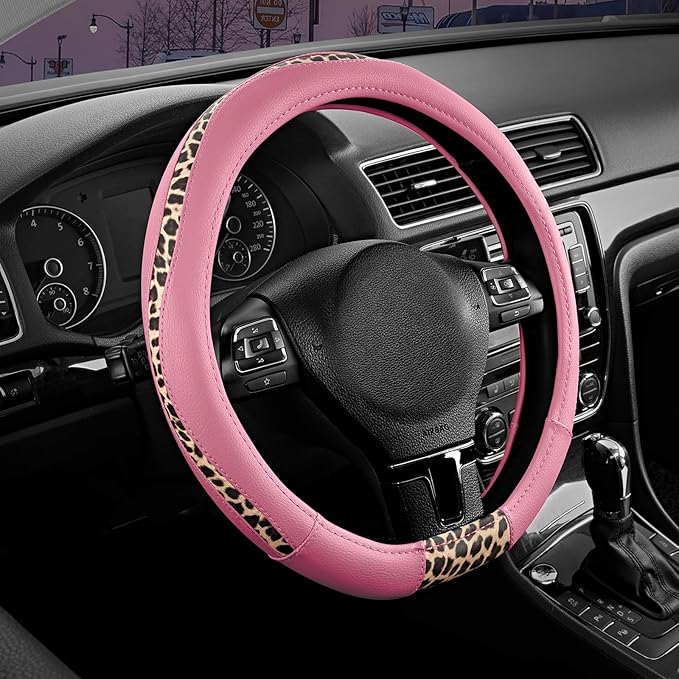 Road Comforts D-Type Steering Wheel Cover - Made with PVC Leather and Leopard Fabric - Universal Fit for 15-Inch D-Shaped Automotive Steering Wheels (Pink Color)