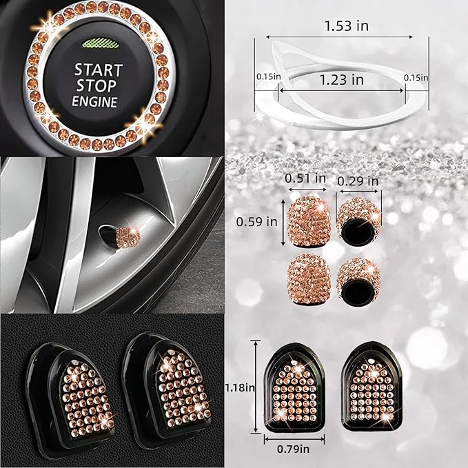 NBTEPEM 27 PCs Gold Champagne Bling Car Accessories Set for Women, Steering Wheel Covers Universal Fit 15 Inch, Bling License Plate Frame, Bling Phone Holder, Bling Car Coasters