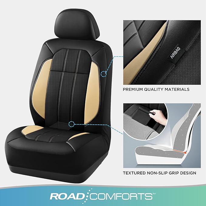 Road Comforts Car Seat Covers, Breathable Leather Seat Covers, Car Seat Covers Full Sets Airbag Compatible, Automotive Seat Covers for Most Cars, Vans, Trucks, SUV - Beige