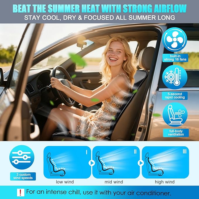 2025 Upgraded 3-in-1 Winter and Summer Cooling Car Seat Cover with Massage, 12V Cooling Car Seat Cushion with 16 Fans, Ventilated Cooling Seat Cover for Car SUV Truck Universal Fit (Black-1)