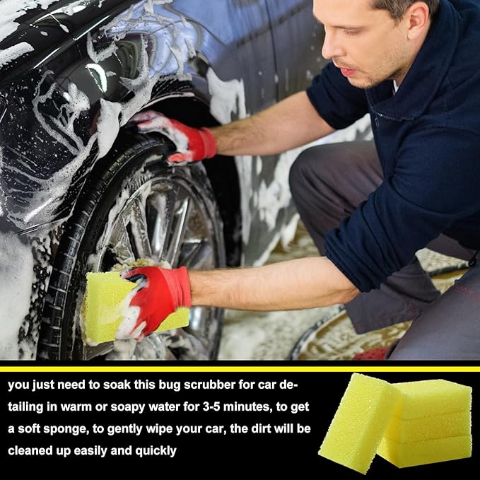 Yaomiao 4 Pcs Bug Scrubber Sponge Car Sponge Bug and Tar Remover Yellow Wash Cleaning Scrubber for Car Detailing
