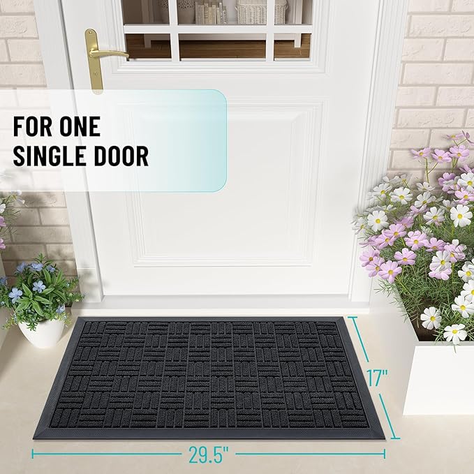OLANLY Front Door Mat Outside Entrance 29.5x17, Absorbent, Heavy Duty Sturdy Natural Rubber Doormat Indoor Outdoor, Stain and Fade Resistant, Non-Slip Backing Low Profile Floor Mat for Entryway, Black