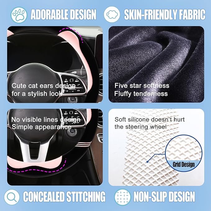 14 inch Furry Cute D Shaped Steering Wheel Cover, Soft Fluffy Short Plush Auto Accessories, Non-Slip Cold-Proof Sweat-Proof Colorfast(Black with Pink)