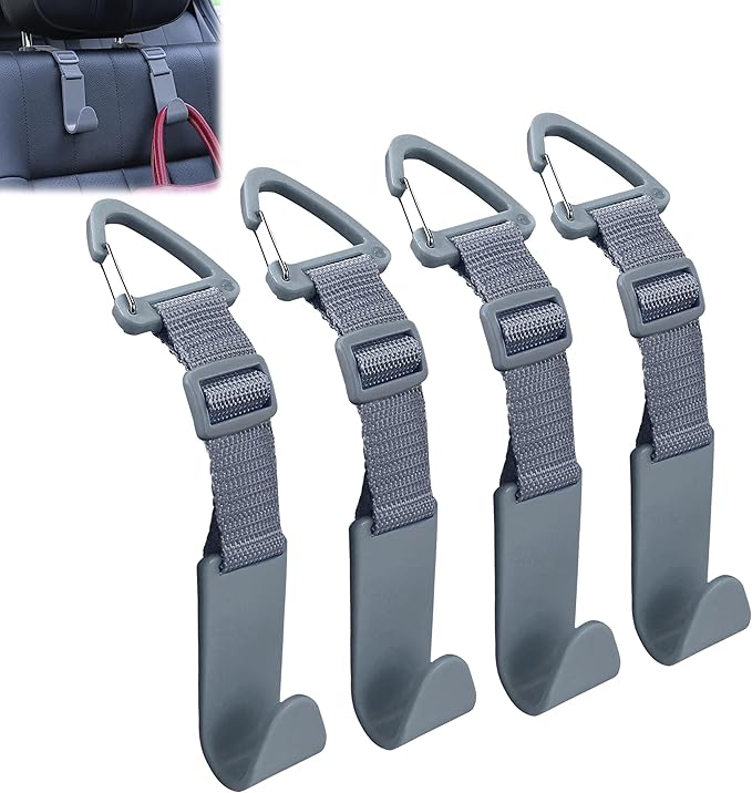 Amooca Headrest Hooks for Car Adjustable 4 Pack Vehicle Seat Back Organizer Storage Hanger Holder for Purse Bags Universal Fit with Clip Gray