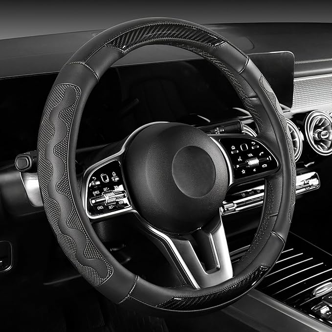 SEG Direct Car Steering Wheel Cover Medium Size 14 1/2"-15" Embossed Microfiber Leather with Carbon Fiber Pattern Black