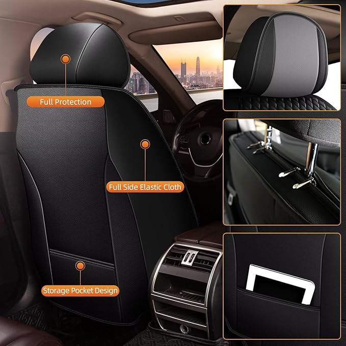 AOMSAZTO Car Seat Cover Front 2 Row 5 Seats Fit for Traverse LS/LS Fleet/L 2018-2024 Leather Vehicle Cushions Cover Seat Protector Automotive Seat Covers Waterproof Compatible Airbag Black&Gray