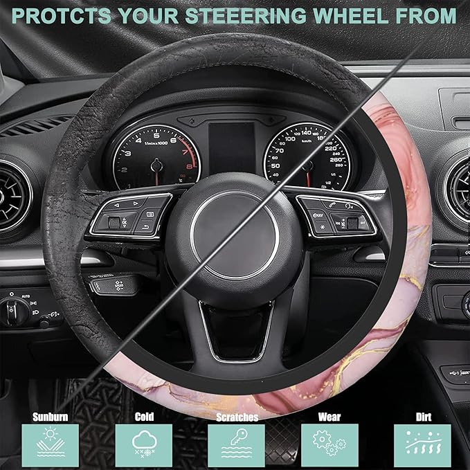 Pink Golden Liquid Marble Steering Wheel Cover for Women Men,Anti-Slip Breathable Car Steering Wheel Cover Elastic Protection with 2 Pieces Car Coasters,Universal 15" Fit Auto,Suvs,Truck