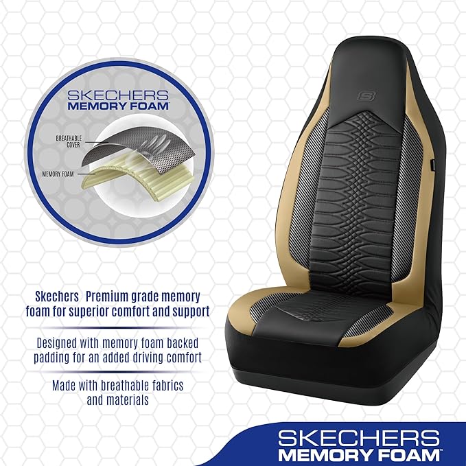 Skechers Memory Foam Car Seat Covers, Leather High Back Seat Covers Quilting Design,Waterproof Sports Car Seat Covers Front Seats,Airbag Compatible, Universal Fit for Most Cars, SUVs,Trucks,Beige