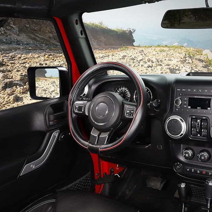 SEG Direct Car Steering Wheel Cover Large-Size for F150 F250 F350 Ram 4Runner Tacoma Tundra Range Rover with 15 1/2"-16" Outer Diameter Leather with Carbon Fiber Pattern Black and Red