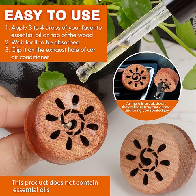 Essential Oil Car Diffuser, 2 PCS Sunshine Car Aromatherapy Sun Wood Diffuser with Vent Clip