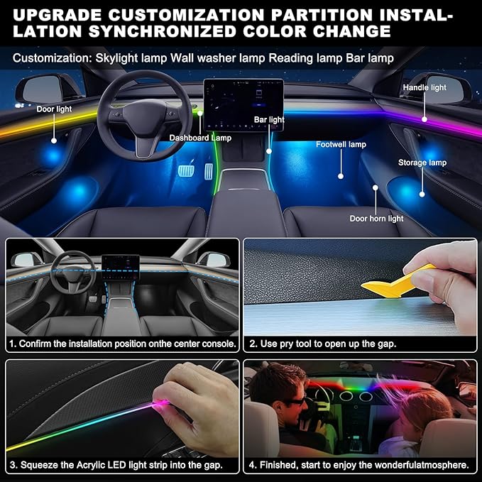 Dreamcolor Acrylic Interior Car LED Strip Light with USB/Type C, RGB 2 in 1 with 59.04 inches LED Strip, Dynamic Chasing Music Sync Neon Ambient Lighting Kits
