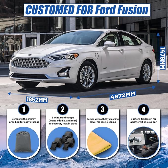 [2025 Upgrade] Car Cover Custom Fit for Ford Fusion Sedan (2005-2025), Waterproof All Weather for Automobiles Full Exterior Cover Rain Sun Snow UV Protector.