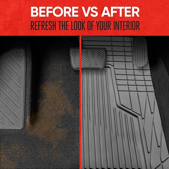 Motor Trend AdventureMax Car Floor Mats Full Set - Durable Rubber Floor Mats for Cars with Debris Capture Grooves, All Weather Interior Protection for Front and Rear with Non-Slip Backing, Gray