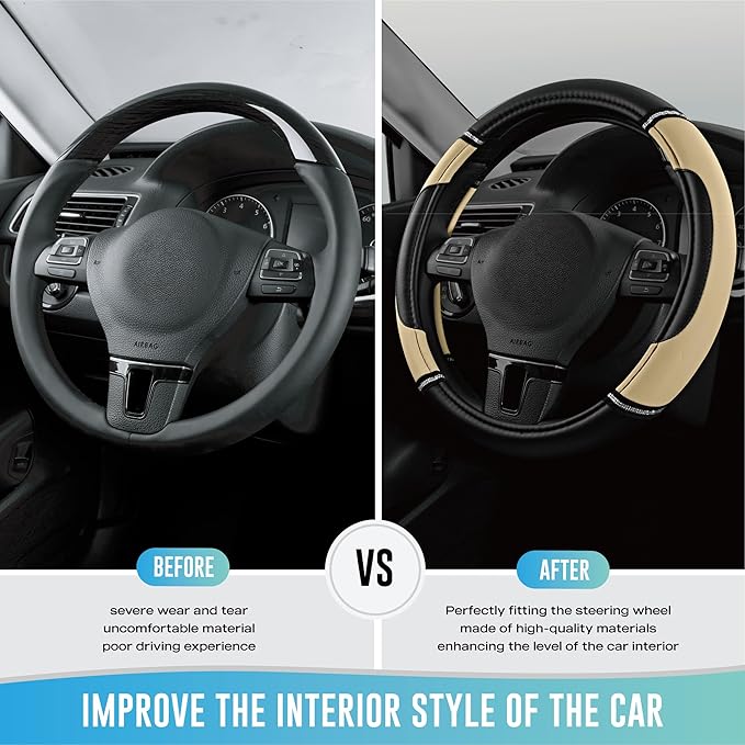 Road Comforts Leather Steering Wheel Cover - Made with PVC Leather - Anti-Slip, Universal Fit 14 1/2 inches to 15 inches - Beige