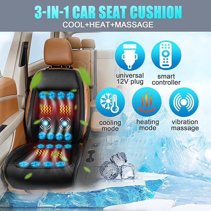 2025 Upgraded 3-in-1 Cooling Car Seat Cover Front Seat, 12V Ventilated Cooling Car Seat Cushion with Massage, Winter and Summer Cooling Seat Cover for Car SUV Truck Universal Fit (Black)