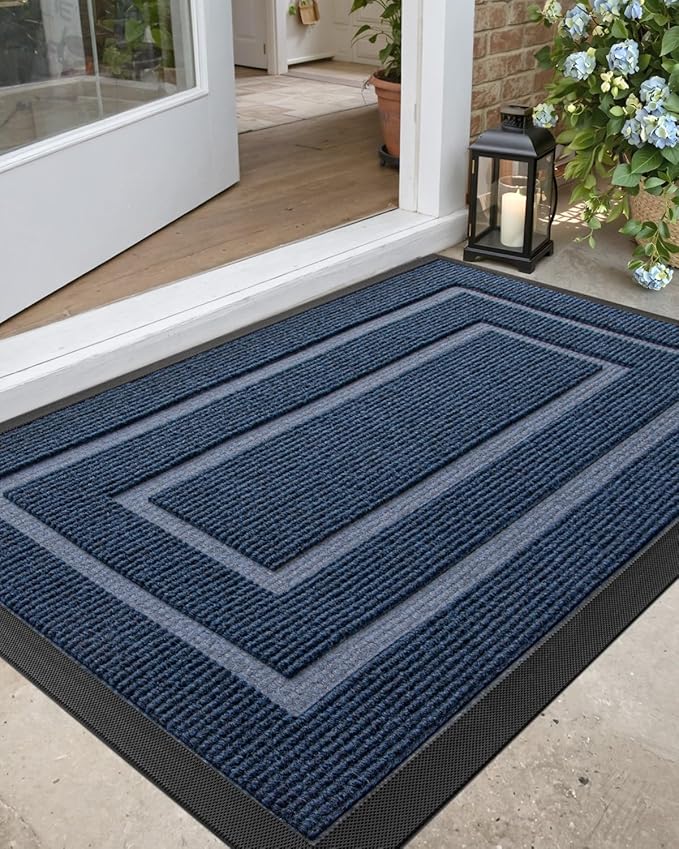 DEXI Front Door Mat Outside Entrance, Heavy Duty Rubber Backed Doormat, Stain and Fade Resistant, Low-Profile Easy Clean Entryway Floor Mats, 4x2, Rectangles Navy