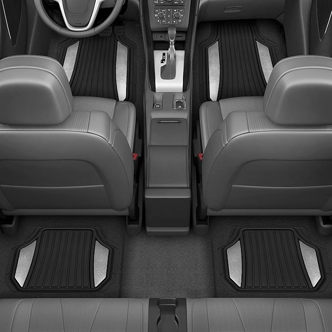Motor Trend ChromeTech Car Floor Mats Full Set - Durable Rubber Floor Mats for Cars with Two Tone Accent, All Weather Interior Protection for Front and Rear with Non-Slip Backing, Silver Chrome