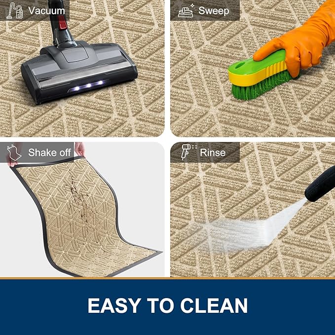 Smiry Front Door Mat Outside Entrance, Heavy Duty Sturdy Natural Rubber Doormat, Trap Dirt and Moisture, Easy Clean Low Profile Mats for Indoor Outdoor Entry, Grid Geometric (59x24, Beige)