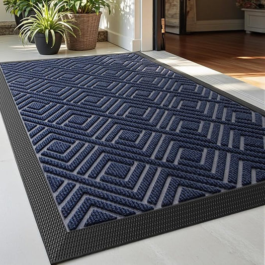 DEXI Front Door Mat Outside Entrance, Heavy Duty Rubber Backed Doormat, Stain and Fade Resistant, Low-Profile Easy Clean Entryway Floor Mats, 17x29, Checkered Navy