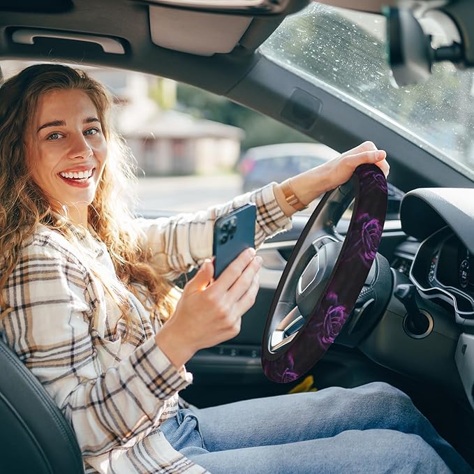 Purple Rose Car Steering Wheel Cover Dark Purple Roses Flower Universal Steering Wheel Protector Steering Wheel Covers Car Accessories for Women Men Neoprene Steering Wheel Cover 15 Inch