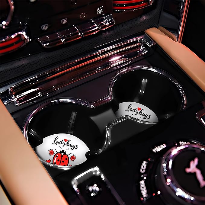2 Pack Ladybugs Car Cup Holder Coaster, Cute Car Interior Accessories Drink Coaster for Women & Men, Ladybugs Lovers Themed Gifts Stuff Accessories Things Merchandise Items!
