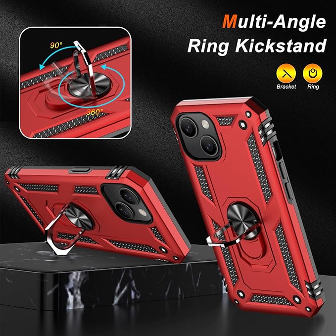 IKAZZ for iPhone 14 Plus Case 6.7 Inch with Screen Protector,Military Grade Shockproof Heavy Duty Protective Phone Cover Pass 16ft Drop Test with Magnetic Kickstand Car Mount Holder,Red