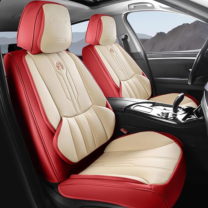 AOOG Front Seat Covers, Car Seat Covers Front Seats, Leather Seat Covers for Cars, Waterproof Seat Covers with Lumbar Support Universal Fit for Most Cars SUV Trucks(Front Pair, Red)