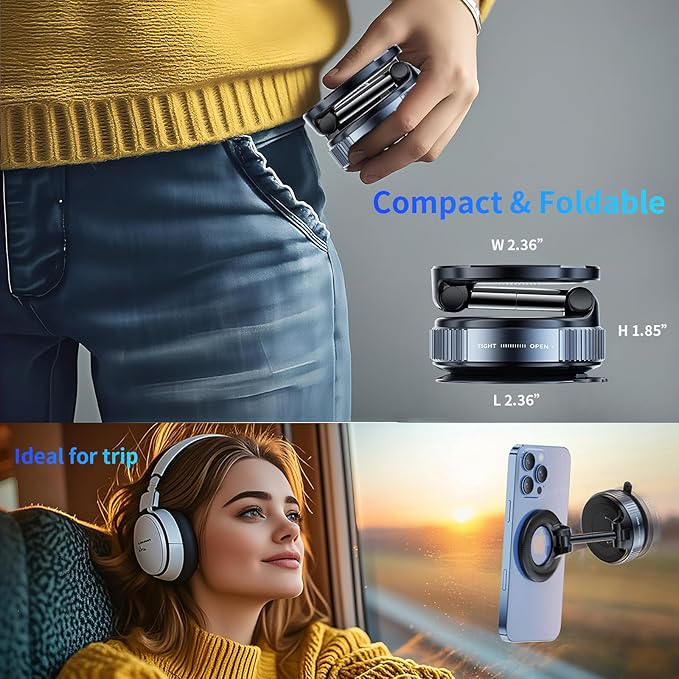 360°Adjustable Vacuum Magnetic Phone Holder for Car [96+LBS Suction & 2800gf Magnetic],Hands-Free Suction Cup Phone Mount for Magsafe,Car Mount for iPhone 17 Pro Max 16 15 14 13 and All Smartphones